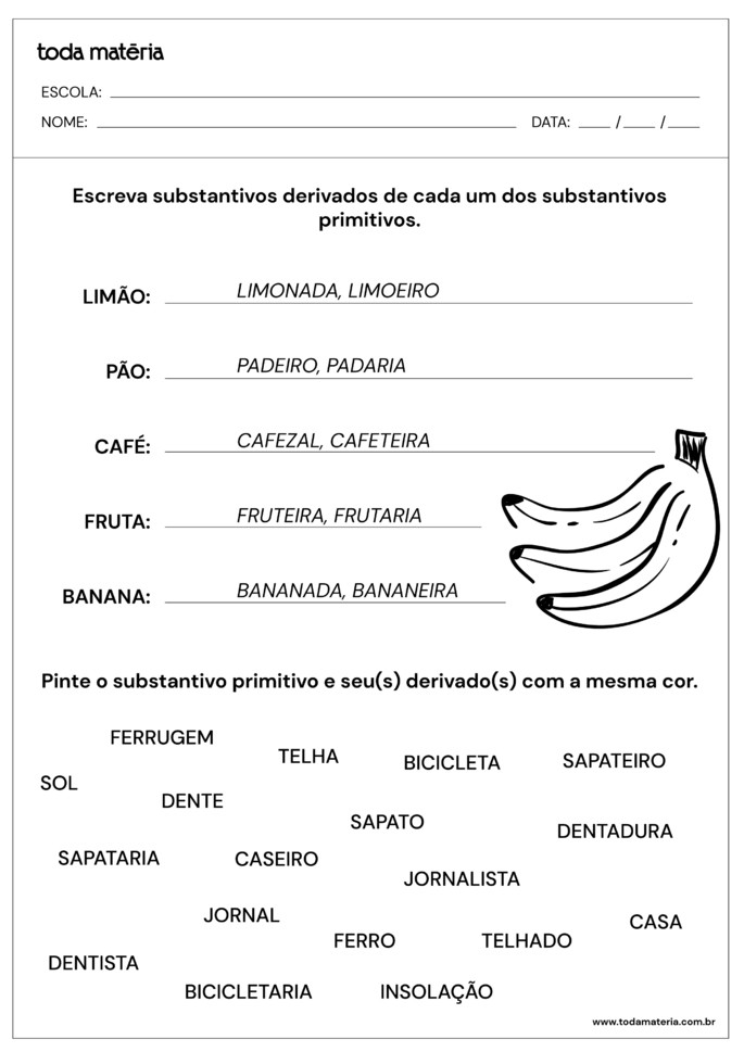 folha de respostas de substantivos derivados e primitivos