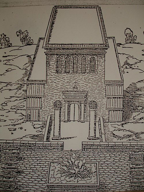 Desenho da reconstrução do Templo de Salomão. É ilustrado de forma frontal, com colunas e feito de pedras.
