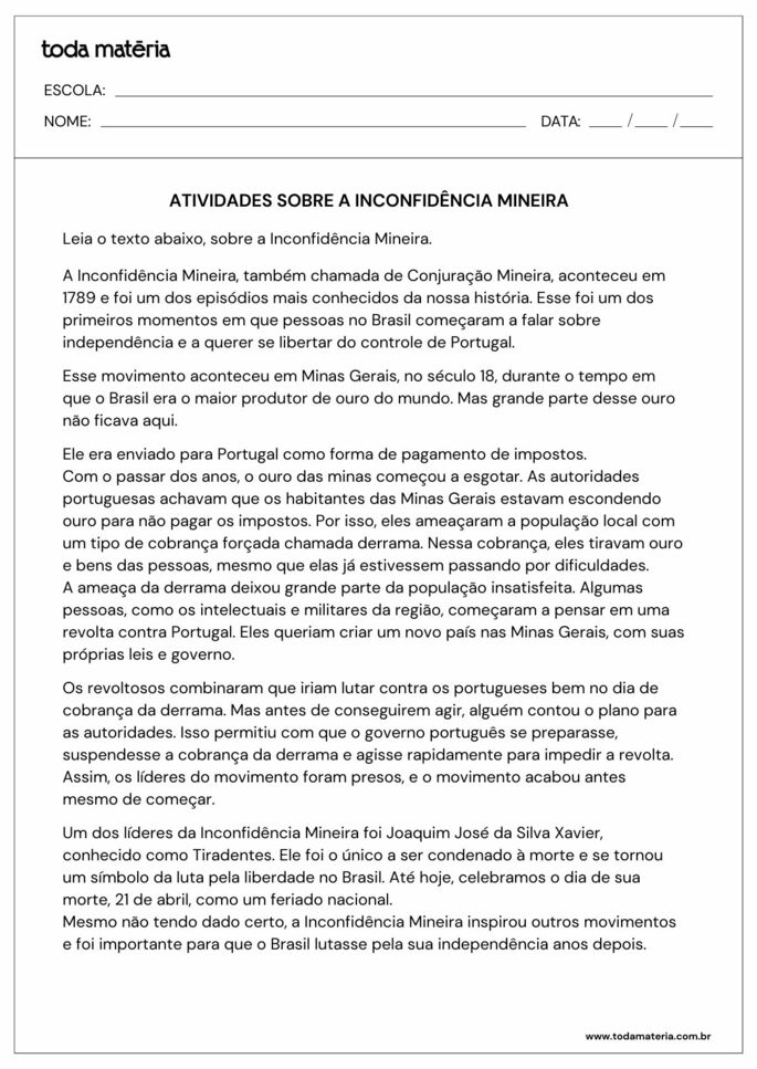 texto para atividade sobre Inconfidência Mineira