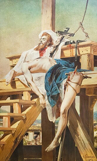 Quadro de Pedro Américo que apresenta o corpo esquartejado de Tiradentes.