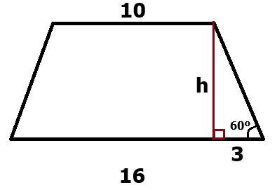 trapézio isósceles de bases 16 e 10, altura h e ângulo de 60º entre a base maior e o lado não paralelo.