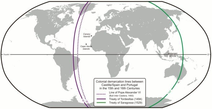 Planisfério mostrando os meridianos marcados pela Bula Inter Coera e o Tratado de Tordesilhas
