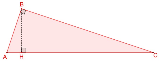 triângulo retângulo ABC com ângulo reto em B e altura relativa à hipotenusa BH.