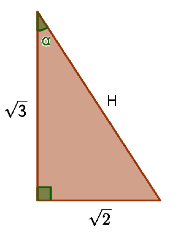 triângulo retângulo com ângulo alpha, cateto oposto medindo sqrt(2) e cateto adjacente medindo sqrt(3).