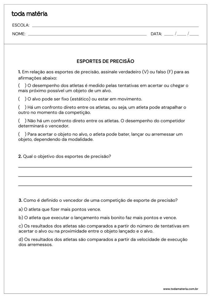 verdadeiro ou falso e perguntas sobre esportes de precisão