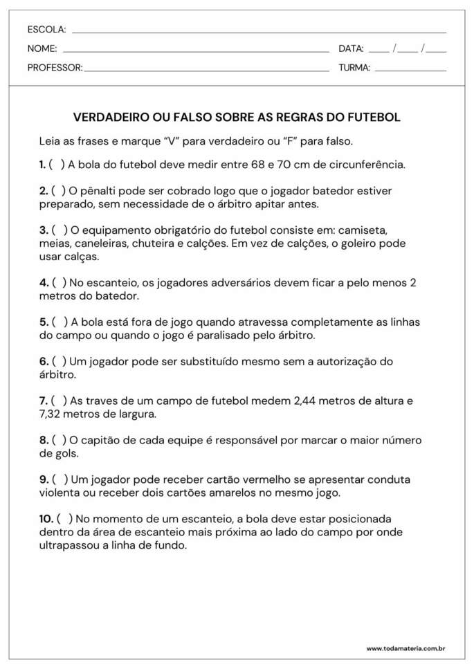 verdadeiro ou falso sobre as regras do futebol